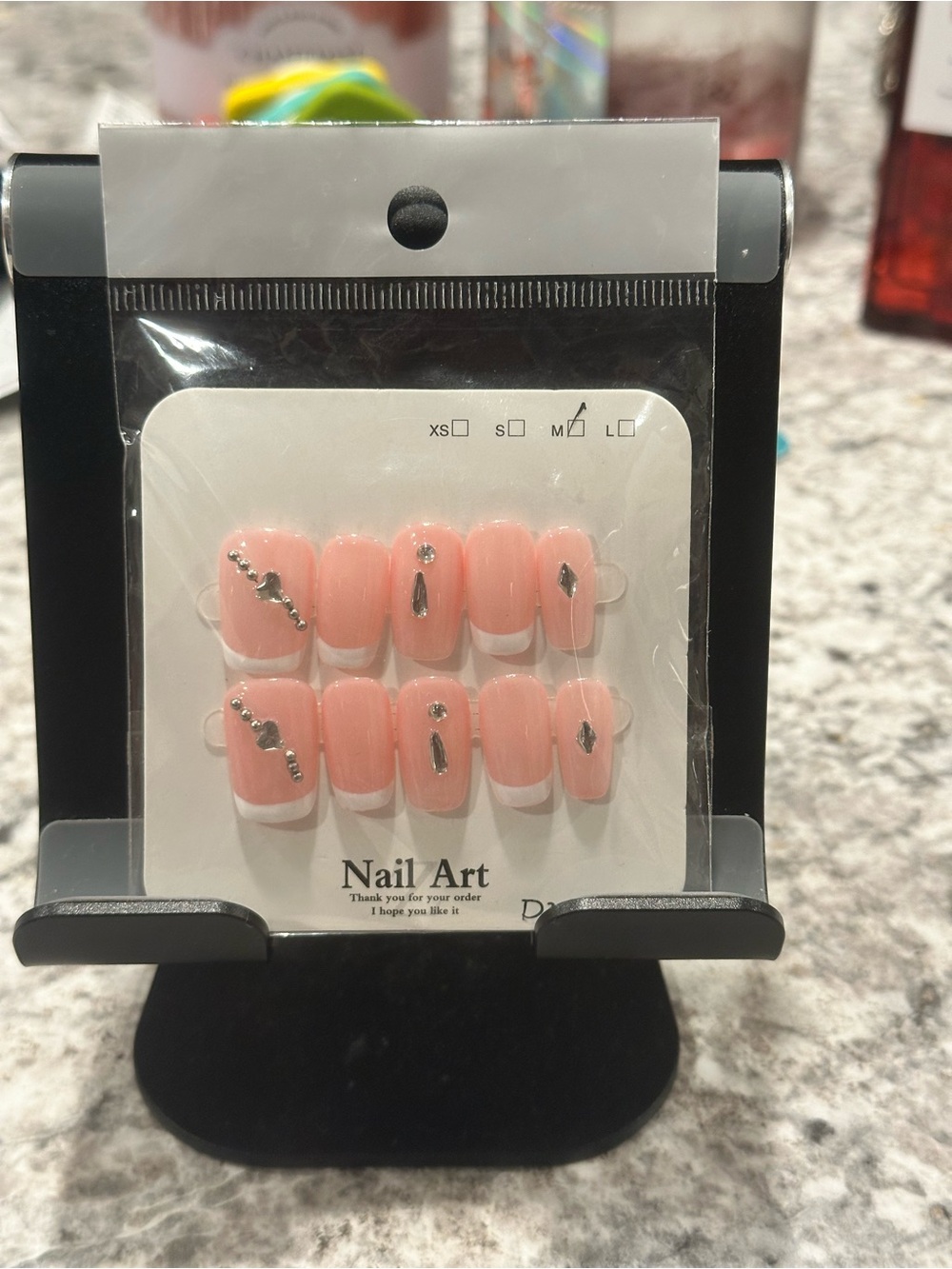 Peach Pink French Tip Press-On Nails with Rhinestone Accents